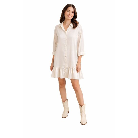 Zara Dresses & Skirts - ZARA Cream Medium Satin Button-Up Drop Sleeve Ruffle Hem Shirt Dress